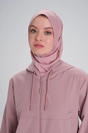 Haşema Active Uzun Kollu Kapüşonlu Fermuarlı Pembe Tesettür Antrenman Tişörtü ACT-10