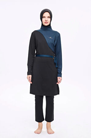 Haşema Kuşak Detaylı Siyah Lacivert Likralı 5 Parça Tam Tesettür Mayo Takımı 5007