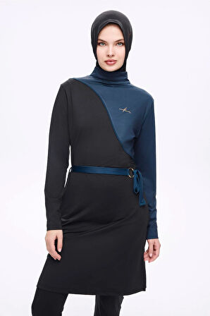 Haşema Kuşak Detaylı Siyah Lacivert Likralı 5 Parça Tam Tesettür Mayo Takımı 5007