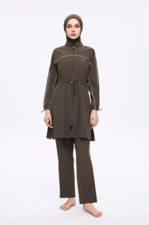 Haşema Krem Biyeli Haki 6 Parça Tam Tesettür Mayo Takımı 5013