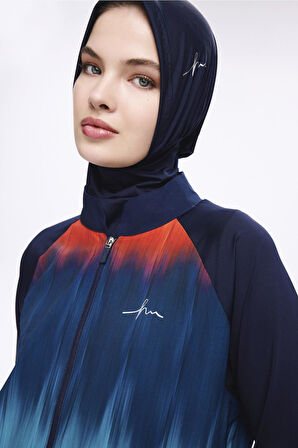 Haşema Lacivert Desenli 5 Parça Tam Tesettür Mayo Takımı 5019