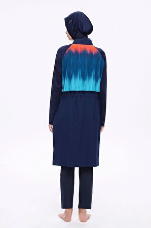 Haşema Lacivert Desenli 5 Parça Tam Tesettür Mayo Takımı 5019