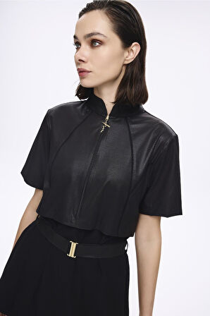 Haşema Kemer Toka Detaylı Dokulu Kumaş Siyah 5 Parça Yarı Kapalı Mayo Takımı 5039