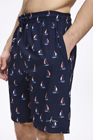 Haşema Yelken Desenli Lacivert Erkek Kısa Havuz ve Deniz Şortu 5044