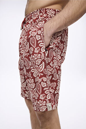 Haşema Etnik Desenli Bordo Erkek Kısa Havuz ve Deniz Şortu 5050