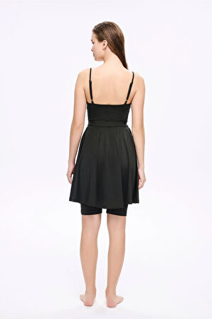 Haşema Parlak Kumaş Siyah 3 Parça Yarı Kapalı Mayo - Tulum Takımı 5053