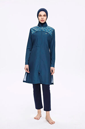 Nehar Omuz Bölgesi Desenli Petrol Mavisi 3 Parça Dokuma Tam Tesettür Mayo Takımı 2276