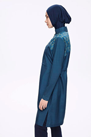 Nehar Omuz Bölgesi Desenli Petrol Mavisi 3 Parça Dokuma Tam Tesettür Mayo Takımı 2276