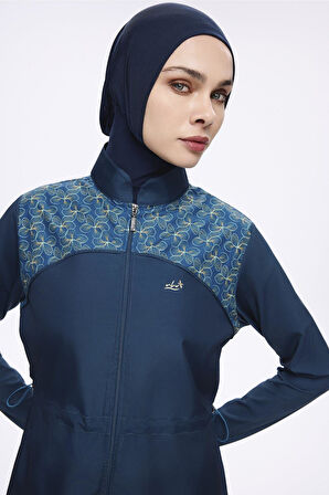 Nehar Omuz Bölgesi Desenli Petrol Mavisi 3 Parça Dokuma Tam Tesettür Mayo Takımı 2276