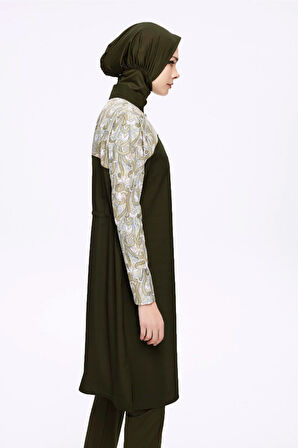 Nehar Kolları Desenli Haki 3 Parça Dokuma Tam Tesettür Mayo Takımı 2277
