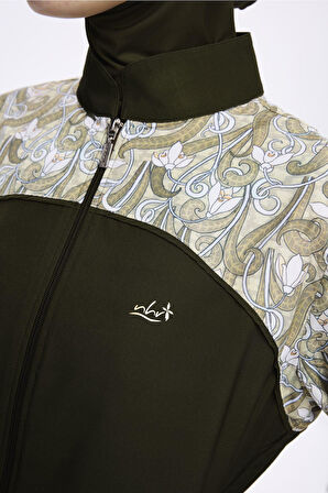 Nehar Kolları Desenli Haki 3 Parça Dokuma Tam Tesettür Mayo Takımı 2277