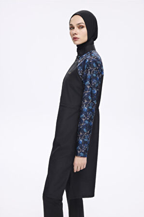 Nehar Kolları Mavi Desenli Siyah 3 Parça Dokuma Tam Tesettür Mayo Takımı 2278