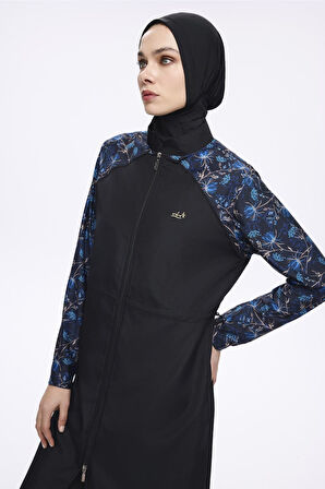 Nehar Kolları Mavi Desenli Siyah 3 Parça Dokuma Tam Tesettür Mayo Takımı 2278