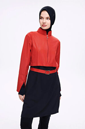 Haşema Kemer Toka Detaylı Dokulu Kumaş Kırmızı 5 Parça Tam Tesettür Mayo Takımı 5052