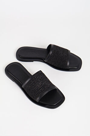 Haşema Kadın Hasır Detaylı Siyah Terlik 110-15