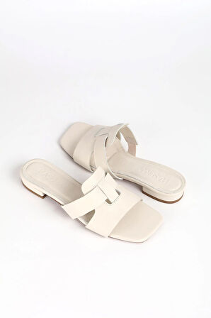 Haşema Kadın Deri Ekru Terlik 9760