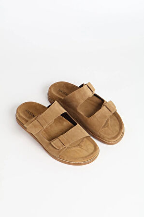 Haşema Kadın Süet Çift Bantlı Kahverengi Terlik 156-17