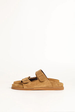 Haşema Kadın Süet Çift Bantlı Kahverengi Terlik 156-17