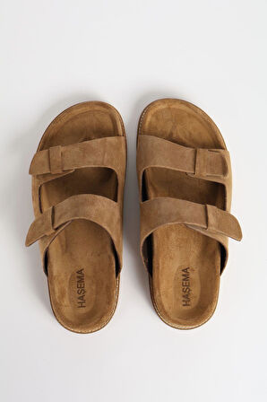 Haşema Kadın Süet Çift Bantlı Kahverengi Terlik 156-17