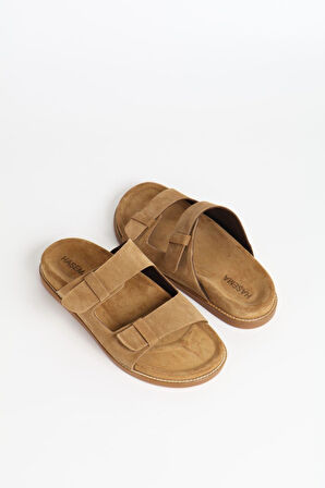 Haşema Kadın Süet Çift Bantlı Kahverengi Terlik 156-17