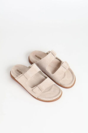 Haşema Kadın Süet Çift Bantlı Bej Terlik 156-17