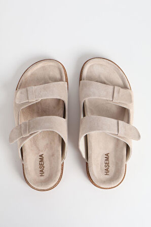 Haşema Kadın Süet Çift Bantlı Bej Terlik 156-17