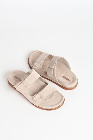 Haşema Kadın Süet Çift Bantlı Bej Terlik 156-17