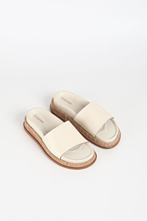 Haşema Kadın Hasır Detaylı Krem Terlik 3073