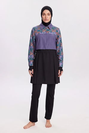 Nehar Çiçek Desenli Yakalı Lila 3 Parça Tam Tesettür Mayo Takımı 2293