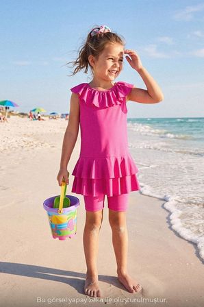 Haşema Eteği ve Yakası Detaylı Fuşya 3 Parça Kız Çocuk Mayo Takımı 7005