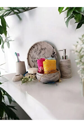 Mermer Desen Antrasit Serisi Beton Banyo Seti,tepsi,sıvı,katı Sabunluk,havluluk,mumluk