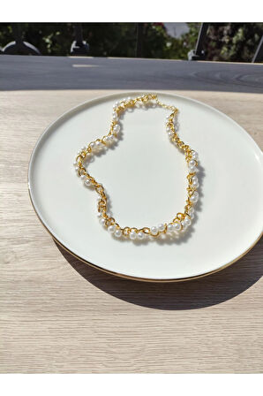 El Yapımı -İnci Şıklığıyla Gold Zincirli Kolye