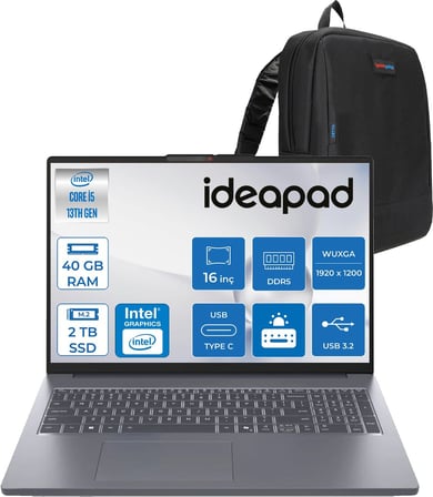 Lenovo Ideapad Slim 3 16IRH10 Intel Core I5 13420H 40GB 1tb SSD + 1tb SSD Freedos 16" Wuxga (1920X1200) IPS 300NITS Taşınabilir Bilgisayar IP83K20077TRF12 + Zetta Çanta