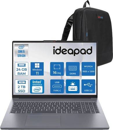 Lenovo Ideapad Slim 3 16IRH10 Intel Core I5 13420H 24GB 1tb SSD + 1tb SSD Windows 11 Pro 16" Wuxga (1920X1200) IPS 300NITS Taşınabilir Bilgisayar IP83K20077TRP08 + Zetta Çanta