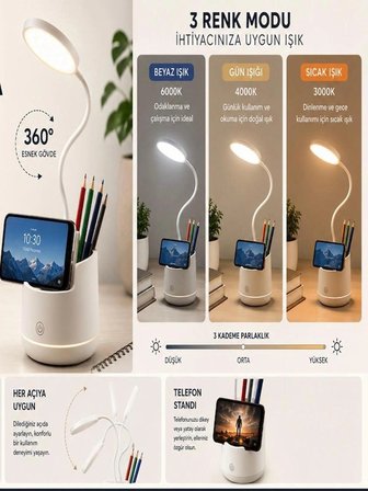 3 Renk Şarjlı 24 LED Çalışma Okuma Işığı Kademeli Masa Lambası Ayarlanabilir Renk Tonu ve Parlaklık