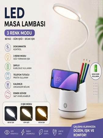 3 Renk Şarjlı 24 LED Çalışma Okuma Işığı Kademeli Masa Lambası Ayarlanabilir Renk Tonu ve Parlaklık