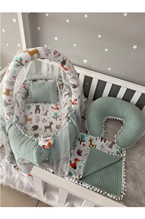 Babynest Yeşil Örgü Pike Ve Orman Desen Ponponlu 6 Parça Jaju-babynest Anne Yanı Set