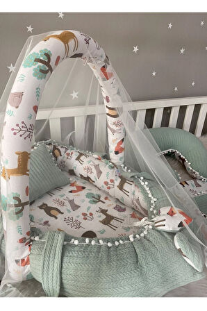 Babynest Yeşil Örgü Pike Ve Orman Desen Ponponlu 6 Parça Jaju-babynest Anne Yanı Set