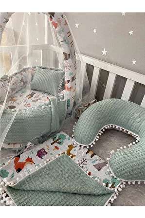 Babynest Yeşil Örgü Pike Ve Orman Desen Ponponlu 6 Parça Jaju-babynest Anne Yanı Set