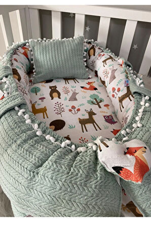 Babynest Yeşil Örgü Pike Ve Orman Desen Ponponlu 6 Parça Jaju-babynest Anne Yanı Set
