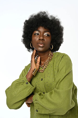 KADIN ÖNÜ TAŞLI KETEN BİSİKLET YAKA GÖMLEK