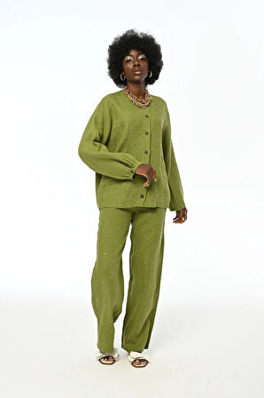 KADIN ÖNÜ TAŞLI KETEN BİSİKLET YAKA GÖMLEK