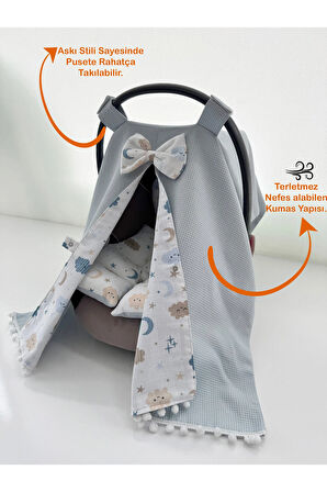 Mavi Waffle Kumaş Organik Puset Örtüsü ve Minderi