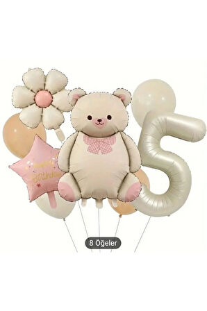 RETRO FİYONKLU AYI PEMBE YILDIZ FOLYO YAŞ BALON SET