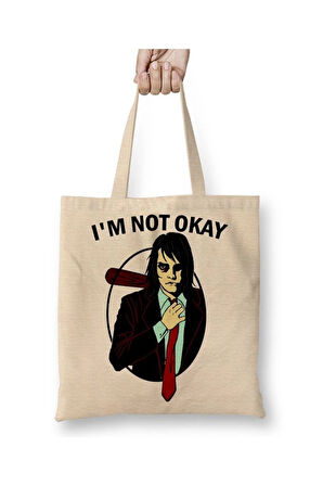 My Chemical Romance Beyaz Bez Çanta Uzun Saplı Alışveriş Çantası Plaj Çantası