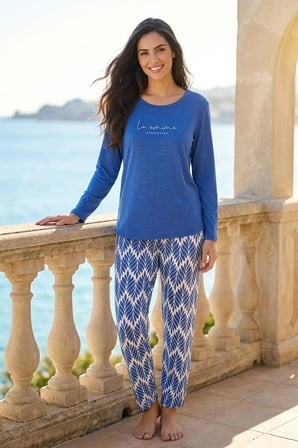 Kadın Desenli Bambu Viskon Uzun Kollu Soft Örme Mevsimlik Pijama Takımı