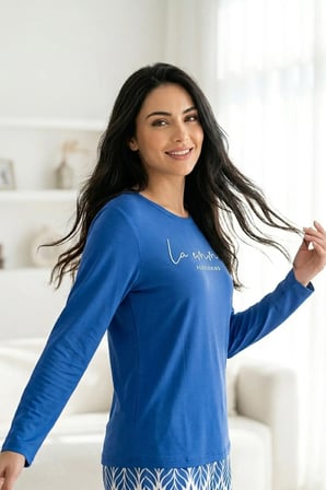 Kadın Desenli Bambu Viskon Uzun Kollu Soft Örme Mevsimlik Pijama Takımı