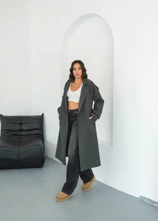 Kadın Apolet Detay Oversize Antrasit Kaşe Kaban