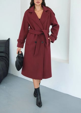 Kadın Apolet Detay Oversize Bordo Kaşe Kaban
