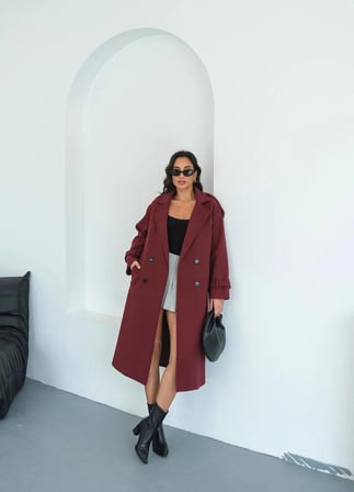 Kadın Apolet Detay Oversize Bordo Kaşe Kaban